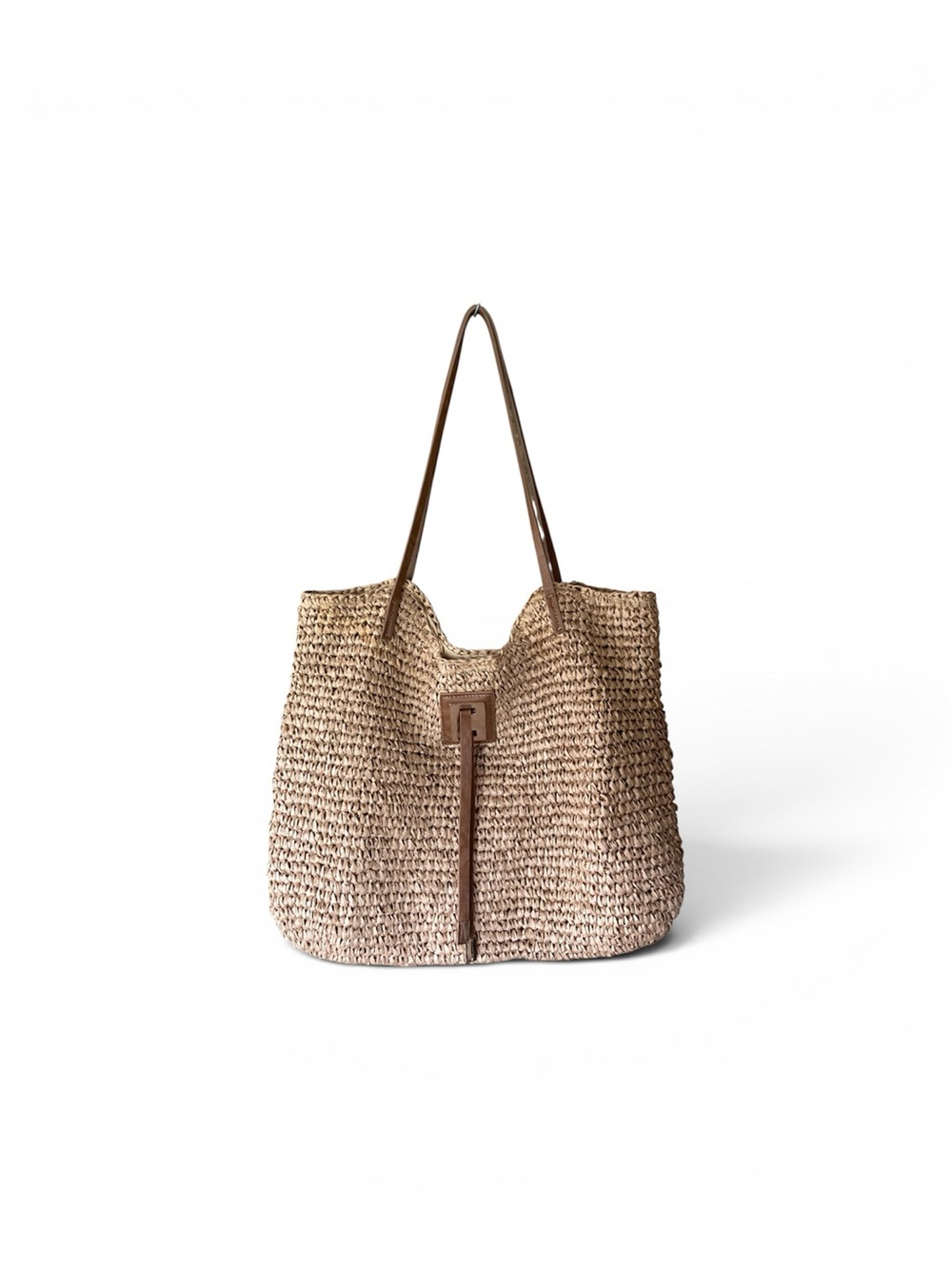 Studio Collection Medium Woven Straw Tote Handbag + Gold Hardwear - Picture 1 of 9